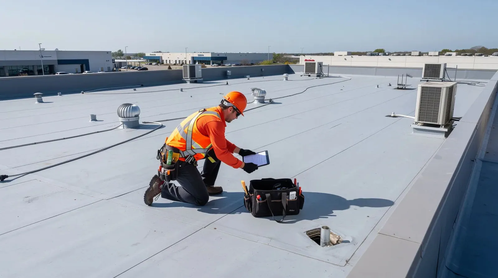 Commercial Roofing Pompano Beach roofers practicing safety procedures and tying off before accessing a roof.